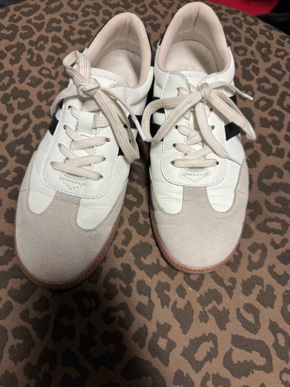 White and Beige Lace-Up Casual Sneakers with Black Accent